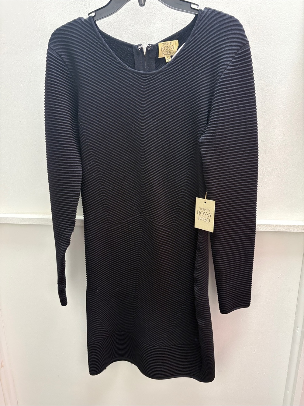 Ronny Kobo Collection Black Ribbed Long-Sleeve Sheath Dress- NWT